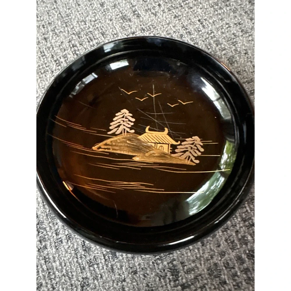 VTG Japanese Lacquerware Salad Bowls Set  of 6 Black Gold Landscape‎ Mt Fuji Art